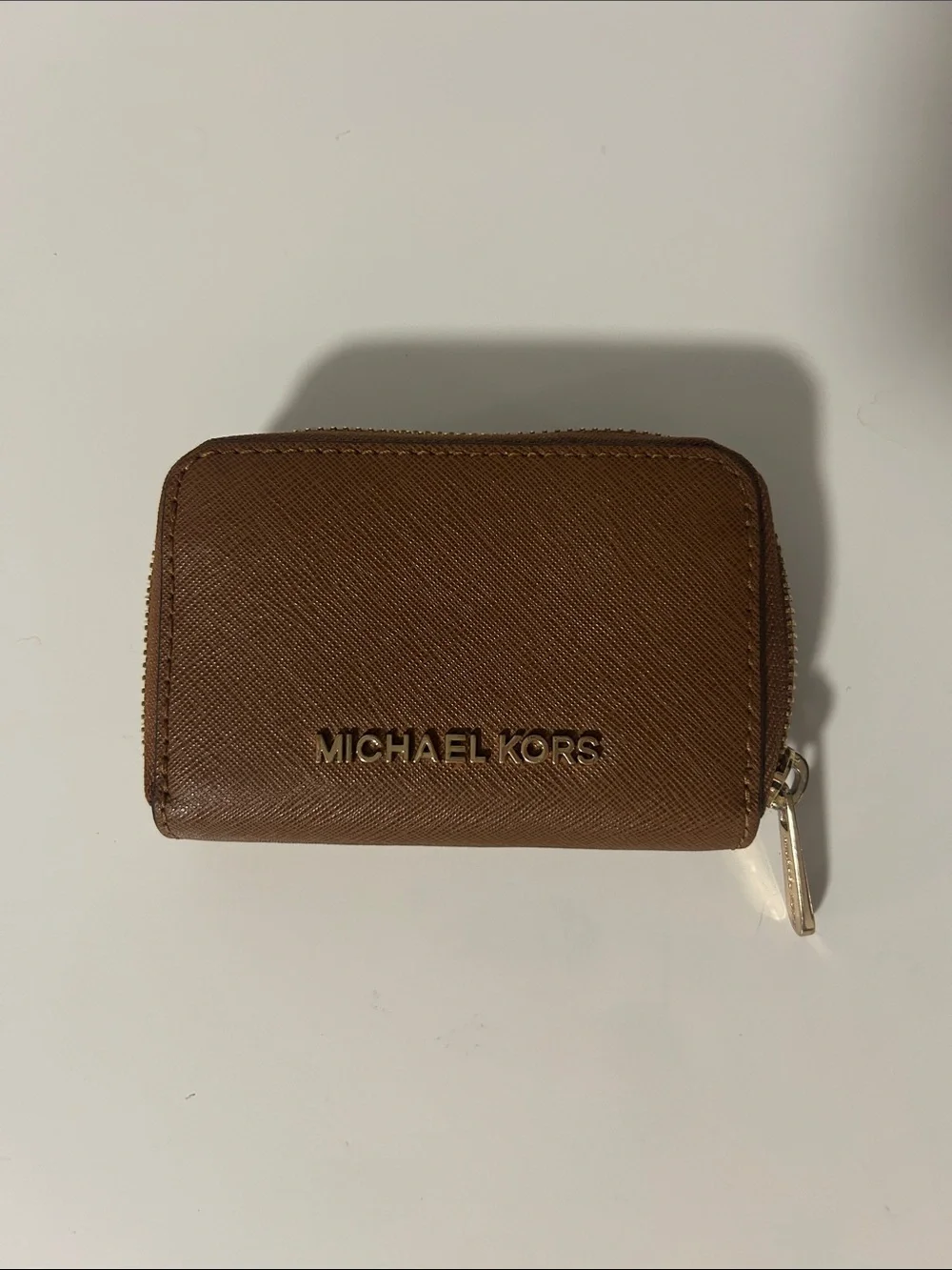 Michael Kors Brown Saffiano Zip Card Holder with Gold Hardware